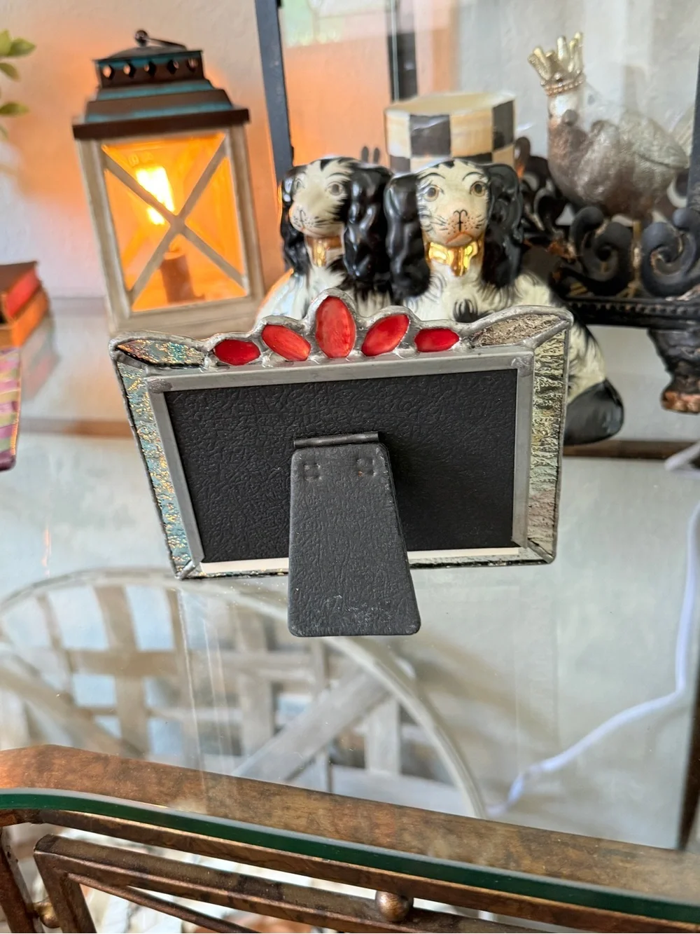Vintage Stained Glass Picture Frame – Red Accents, Silver Metal Border - Picture 10 of 12